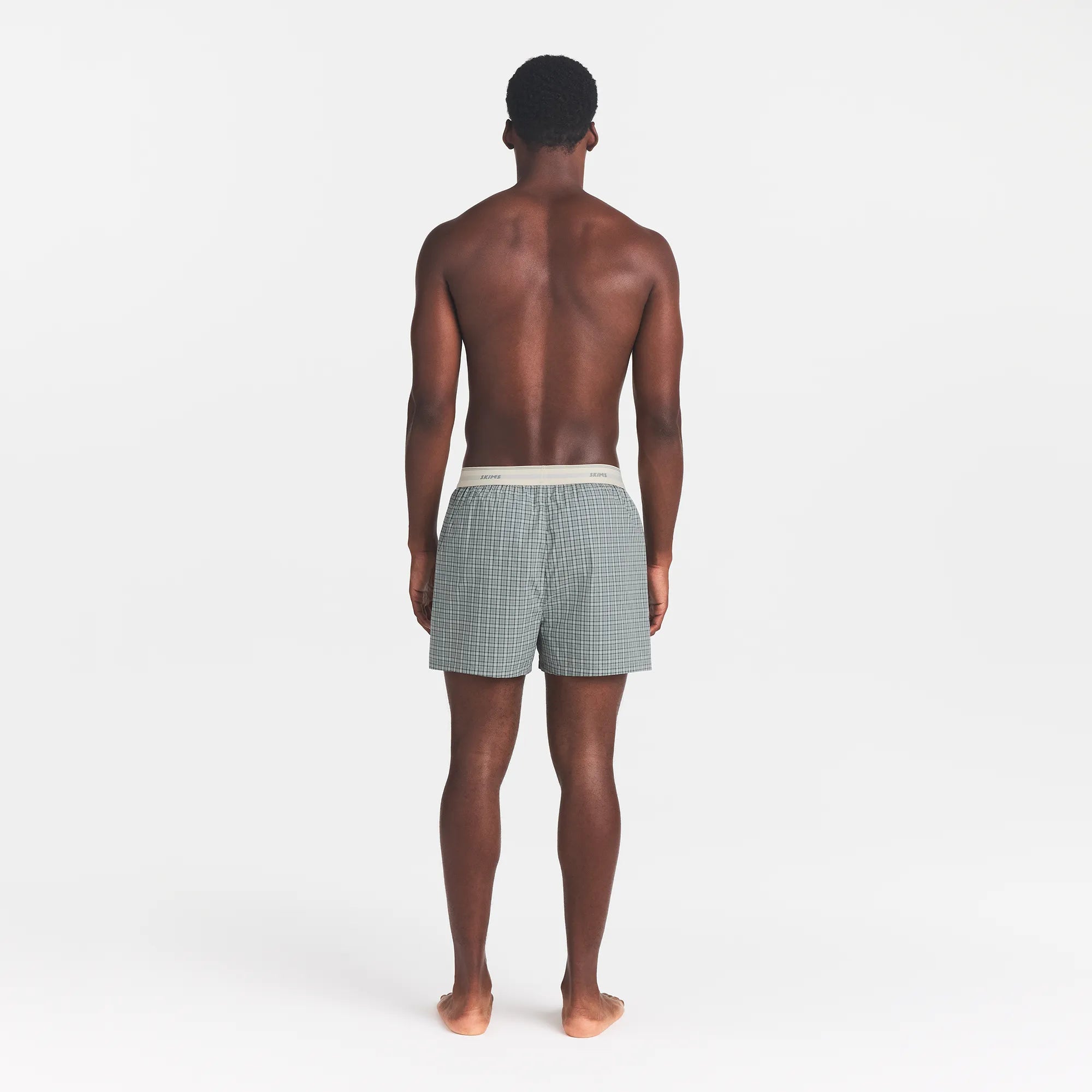 COTTON POPLIN MENS LOGO BAND BOXER | SLATE GREY CHECK ON A MODEL BACK VIEW @ | FOCUS: 0.0, 1.0, 0.9