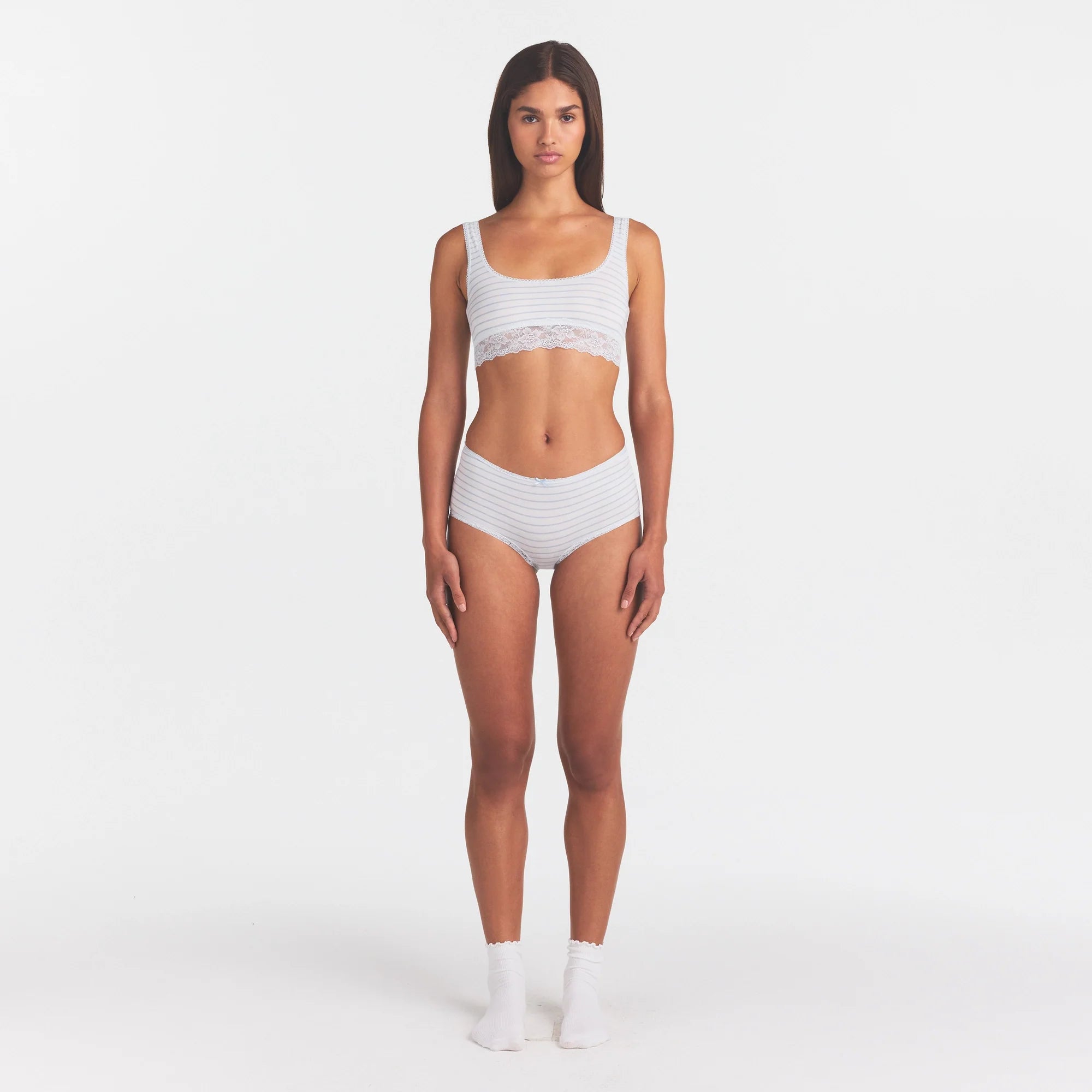 LIGHTWEIGHT COTTON LACE BOY SHORT | AIRSPACE LAGUNA STRIPE ON A MODEL FRONT VIEW @ | FOCUS: 0.0, 1.0, 0.9