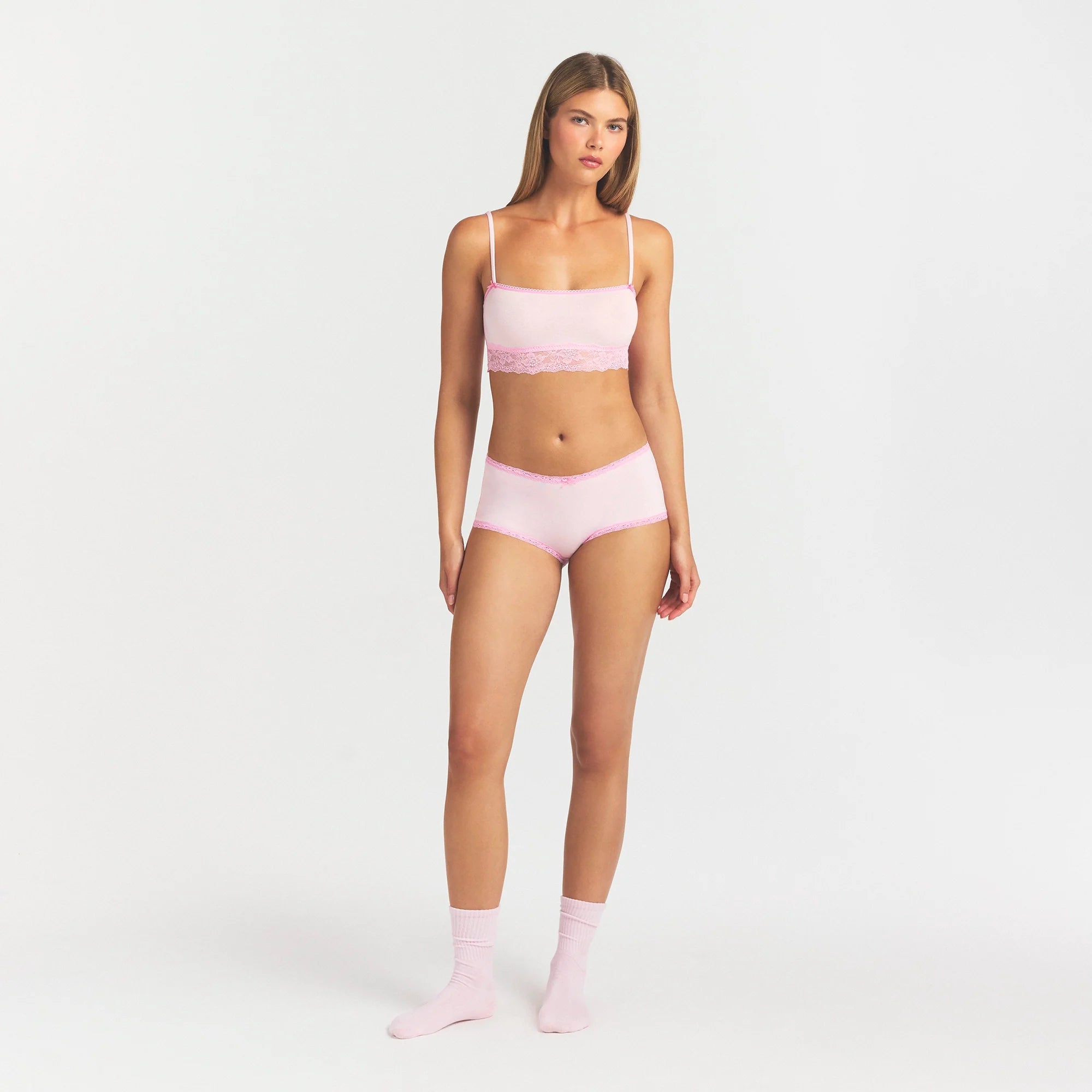 LIGHTWEIGHT COTTON LACE BOY SHORT | CHERRY BLOSSOM ON A MODEL FRONT VIEW @ | FOCUS: 0.0, 1.0, 0.9