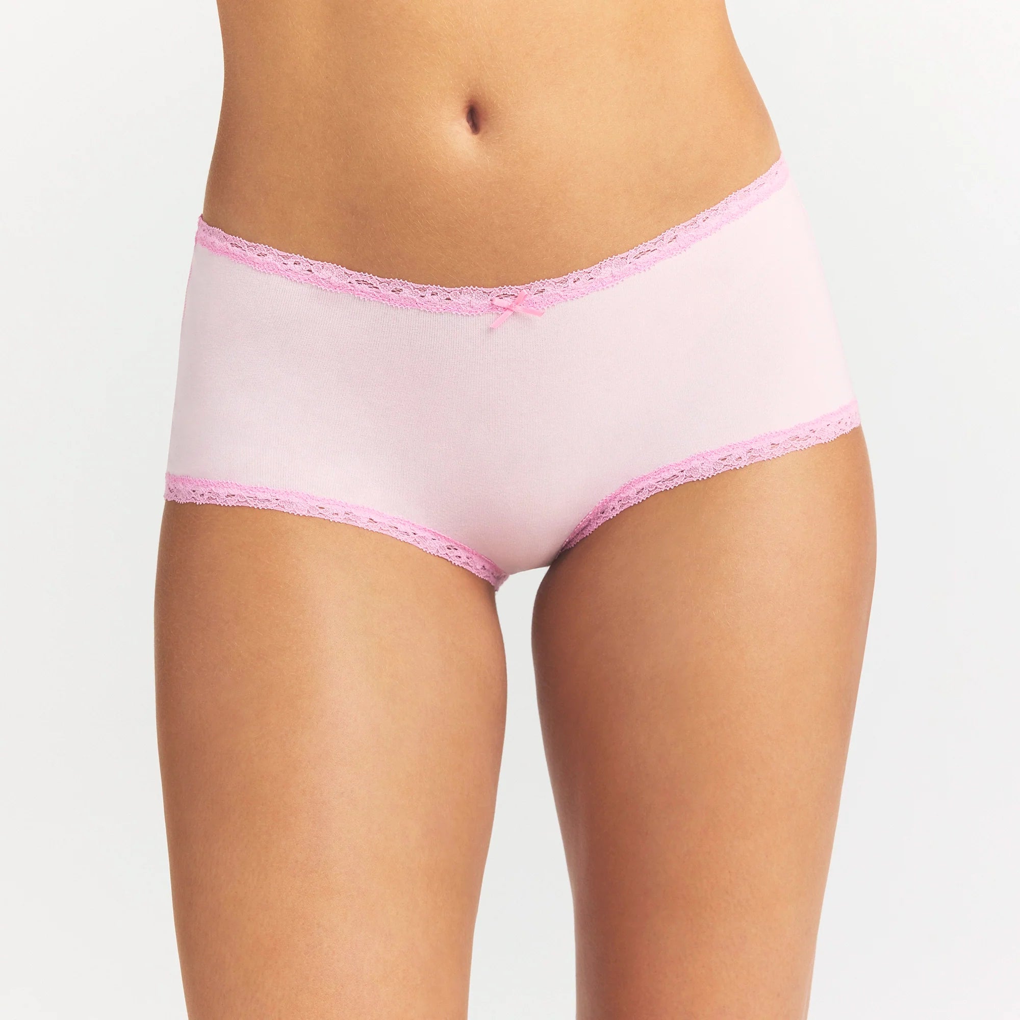 LIGHTWEIGHT COTTON LACE BOY SHORT | CHERRY BLOSSOM ON A MODEL SIDE VIEW @ | FOCUS: 0.0, 1.0, 0.9