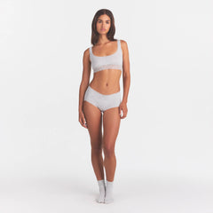 LIGHTWEIGHT COTTON LACE BOY SHORT | LIGHT HEATHER GREY ON A MODEL FRONT VIEW  | FOCUS: 0.0, 1.0, 0.9