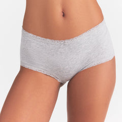 LIGHTWEIGHT COTTON LACE BOY SHORT | LIGHT HEATHER GREY ON A MODEL SIDE VIEW  | FOCUS: 0.0, 1.0, 0.9