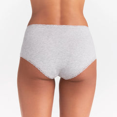 LIGHTWEIGHT COTTON LACE BOY SHORT | LIGHT HEATHER GREY ON A MODEL SIDE VIEW  | FOCUS: 0.0, 1.0, 0.9