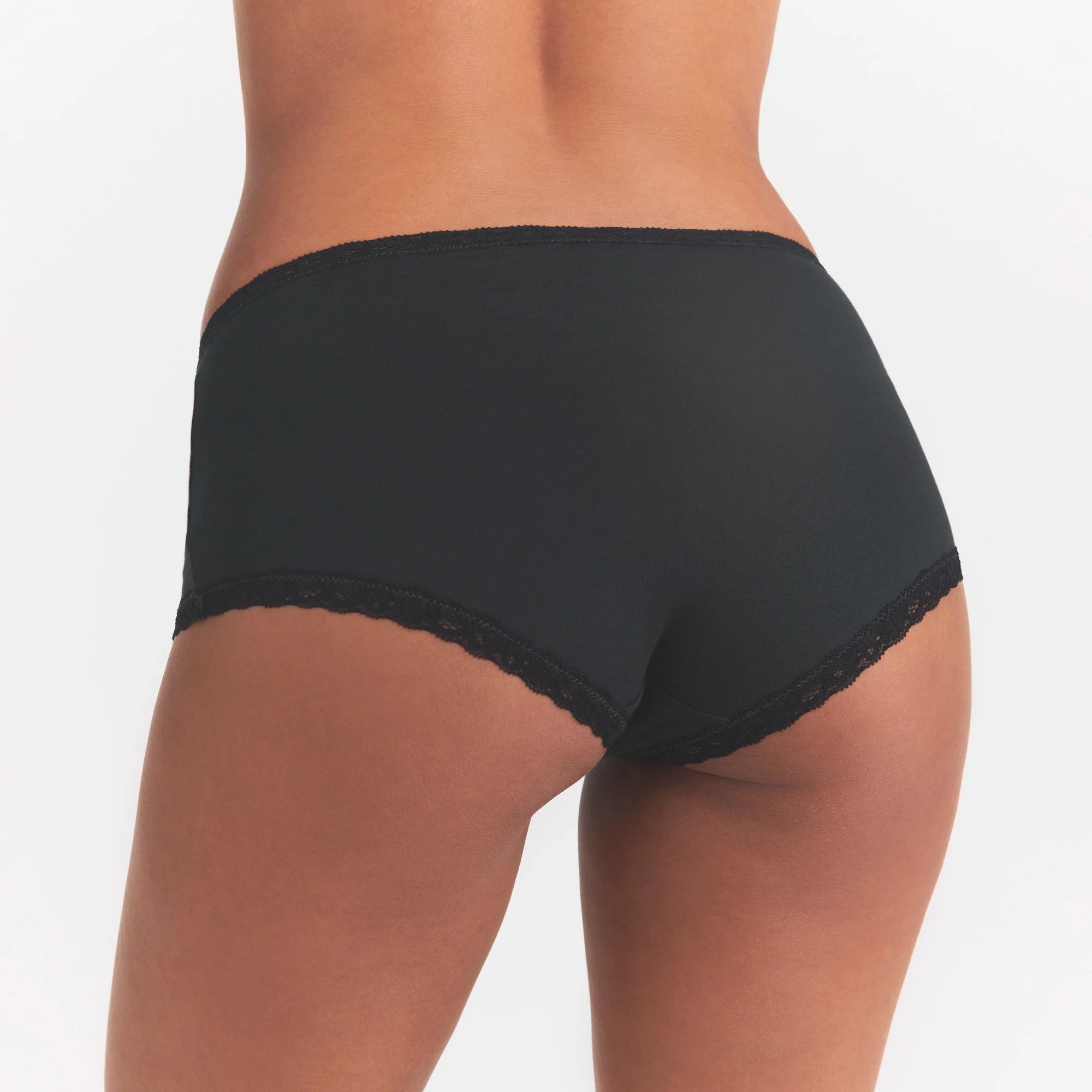 LIGHTWEIGHT COTTON LACE BOY SHORT | SOOT ON A MODEL SIDE VIEW| FOCUS: 0.0, 1.0, 0.9