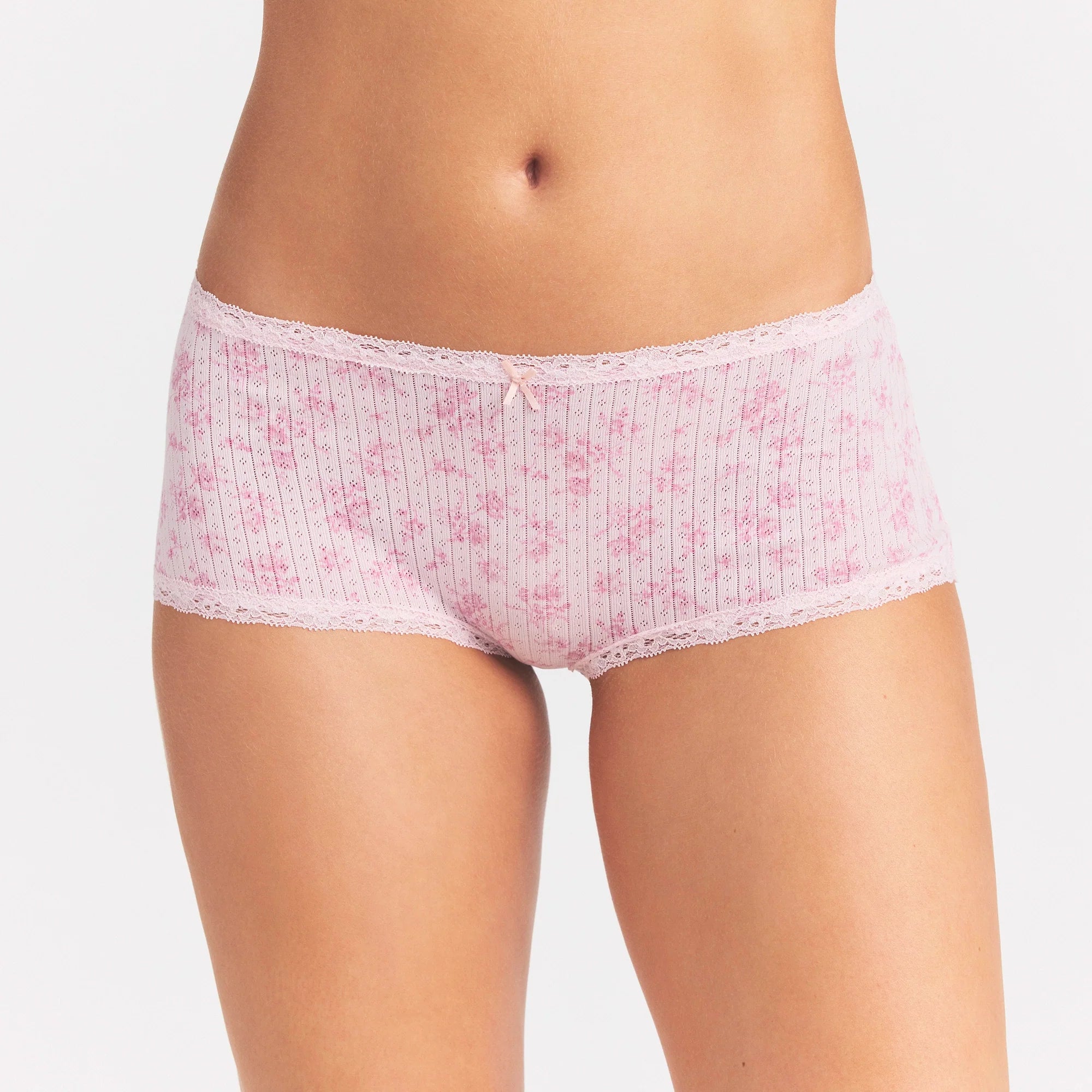 LIGHTWEIGHT COTTON POINTELLE LACE BOY SHORT | BLOOM DAINTY FLORAL ON A MODEL SIDE VIEW @ | FOCUS: 0.0, 1.0, 0.9