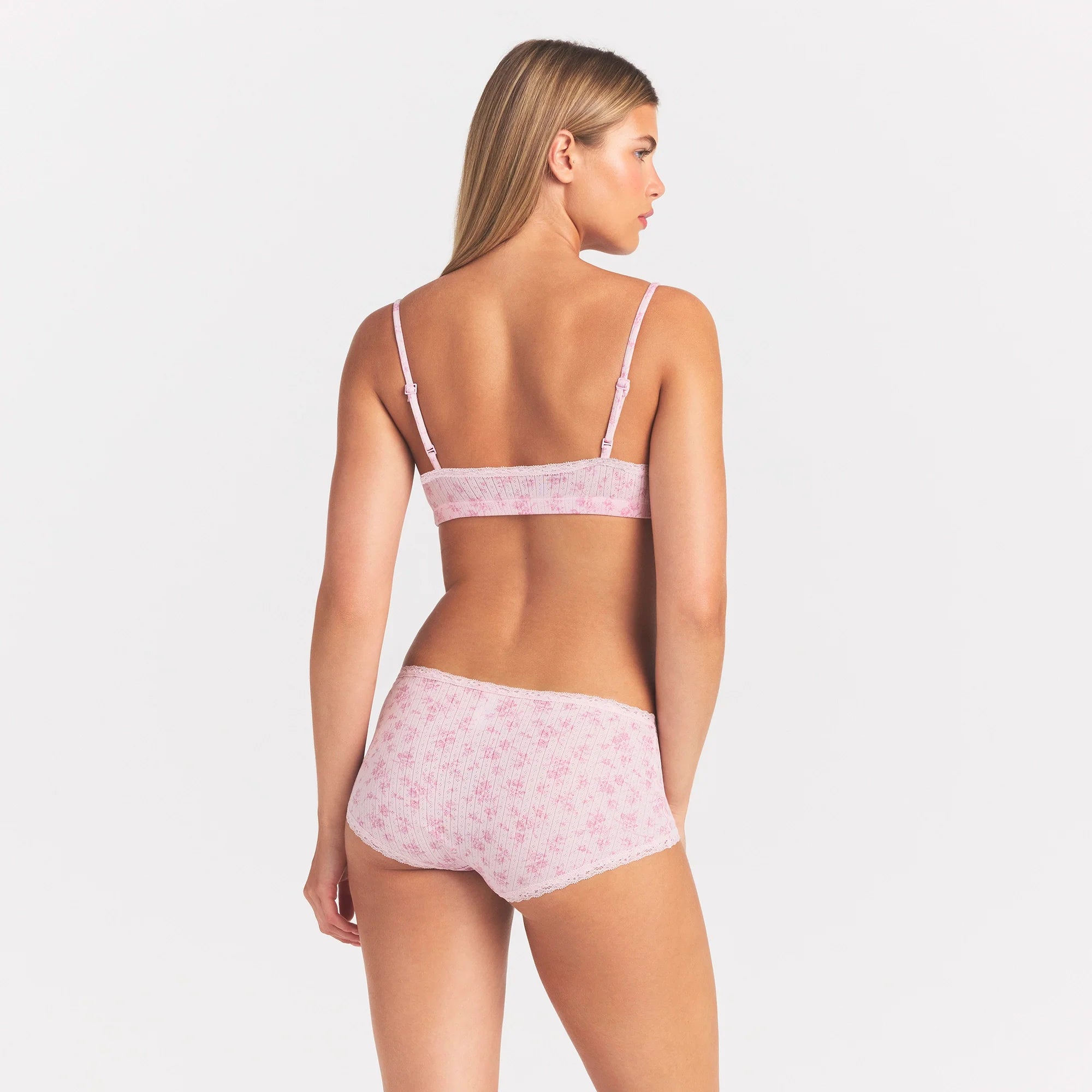 LIGHTWEIGHT COTTON POINTELLE LACE BOY SHORT | BLOOM DAINTY FLORAL ON A MODEL SIDE VIEW @ | FOCUS: 0.0, 1.0, 0.9