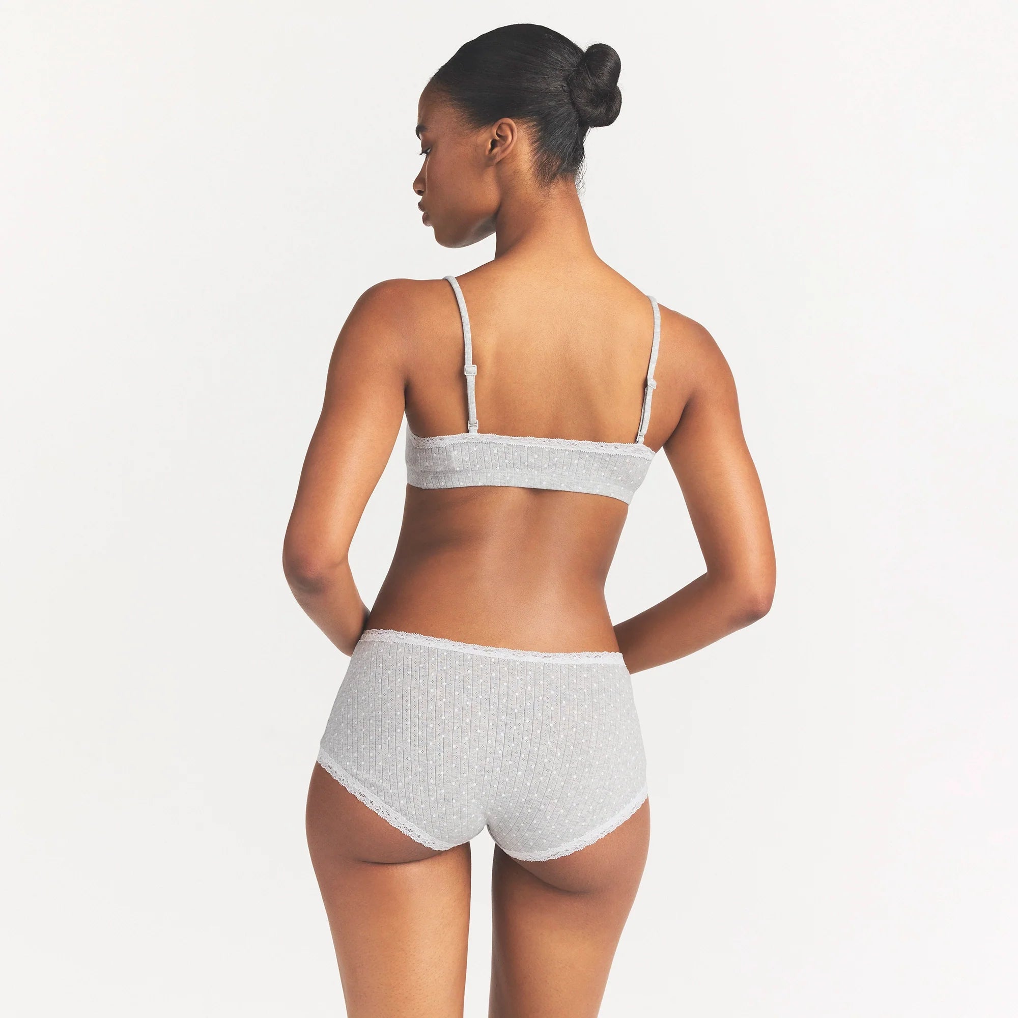 LIGHTWEIGHT COTTON POINTELLE LACE BOY SHORT | LIGHT HEATHER GREY PIN DOT ON A MODEL SIDE VIEW @ | FOCUS: 0.0, 1.0, 0.9