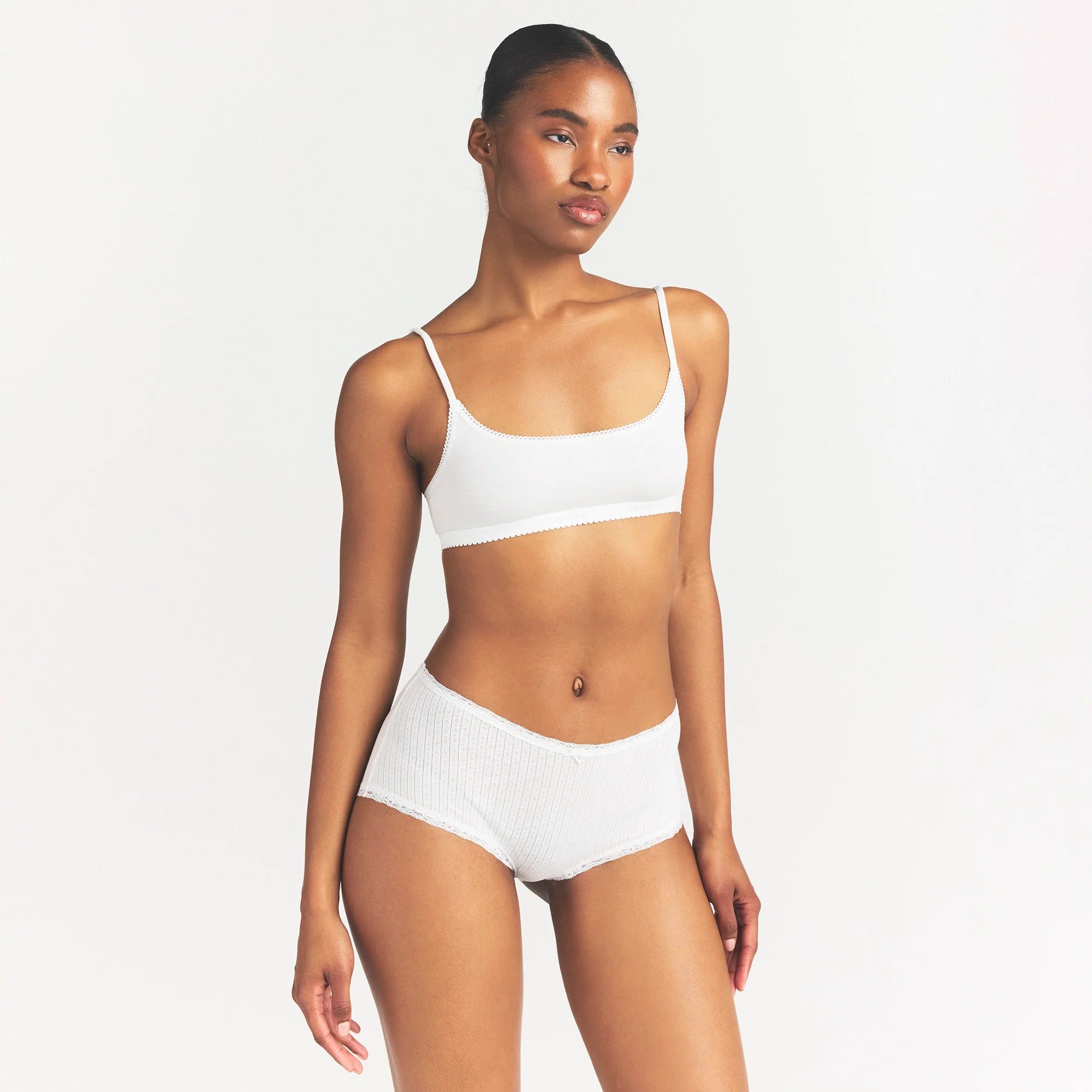 LIGHTWEIGHT COTTON POINTELLE LACE BOY SHORT | SNOW ON A MODEL SIDE VIEW