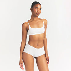 LIGHTWEIGHT COTTON POINTELLE LACE BOY SHORT | SNOW ON A MODEL SIDE VIEW