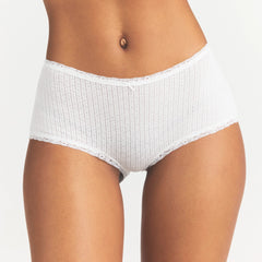 LIGHTWEIGHT COTTON POINTELLE LACE BOY SHORT | SNOW ON A MODEL SIDE VIEW