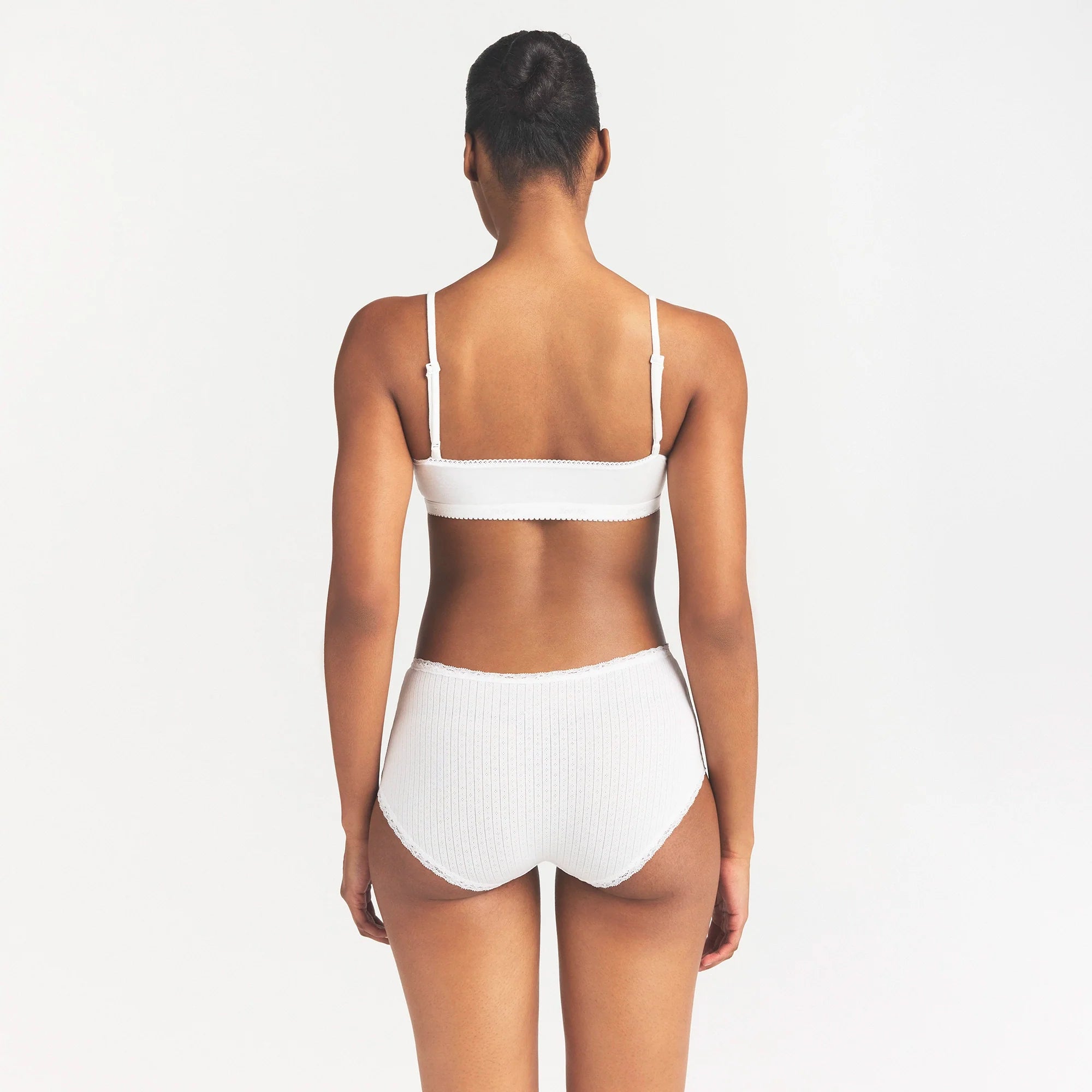 LIGHTWEIGHT COTTON POINTELLE LACE BOY SHORT | SNOW ON A MODEL SIDE VIEW