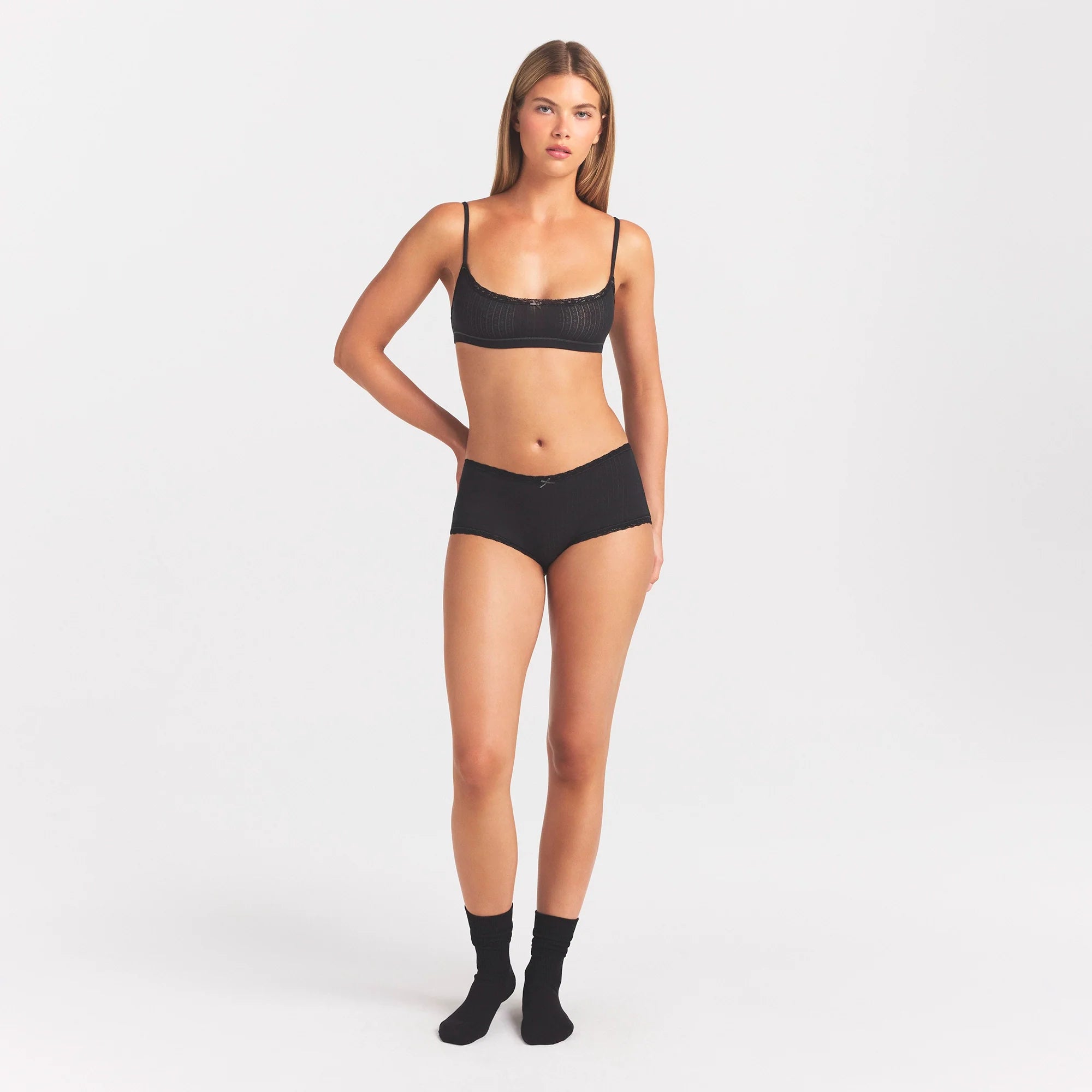 LIGHTWEIGHT COTTON POINTELLE LACE BOY SHORT | SOOT TONAL ON A MODEL FRONT VIEW @ | FOCUS: 0.0, 1.0, 0.9