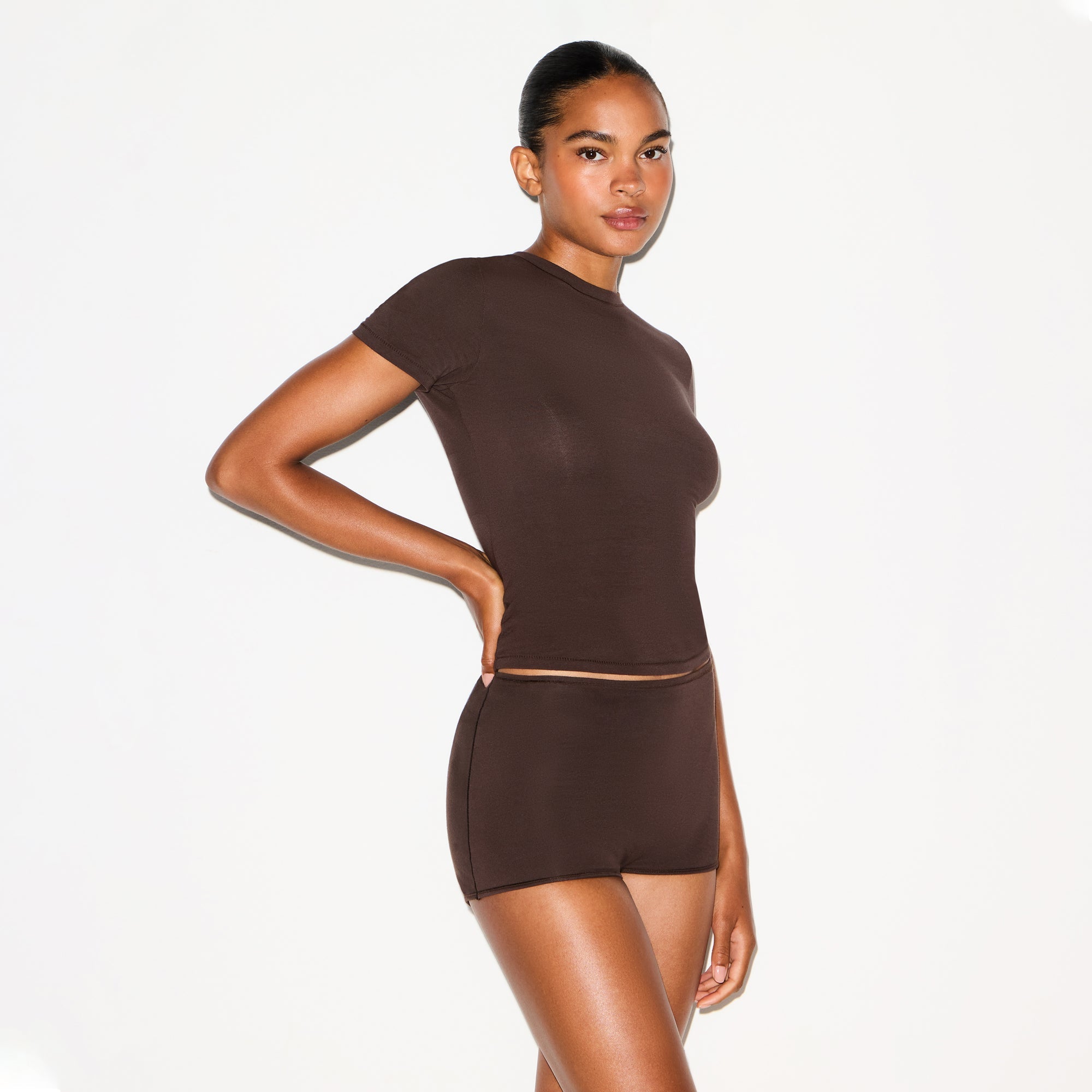 PERIOD PANTIES BOY SHORT | ESPRESSO ON A MODEL SIDE VIEW @ | FOCUS: 0.0, 1.0, 0.9