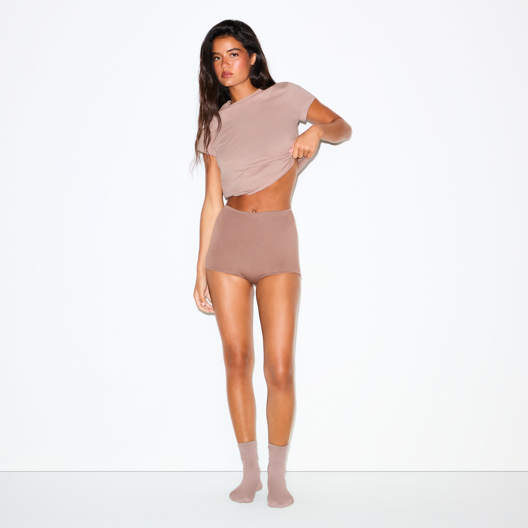 PERIOD PANTIES BOY SHORT | UMBER ON A MODEL FRONT VIEW @ | FOCUS: 0.0, 1.0, 0.9