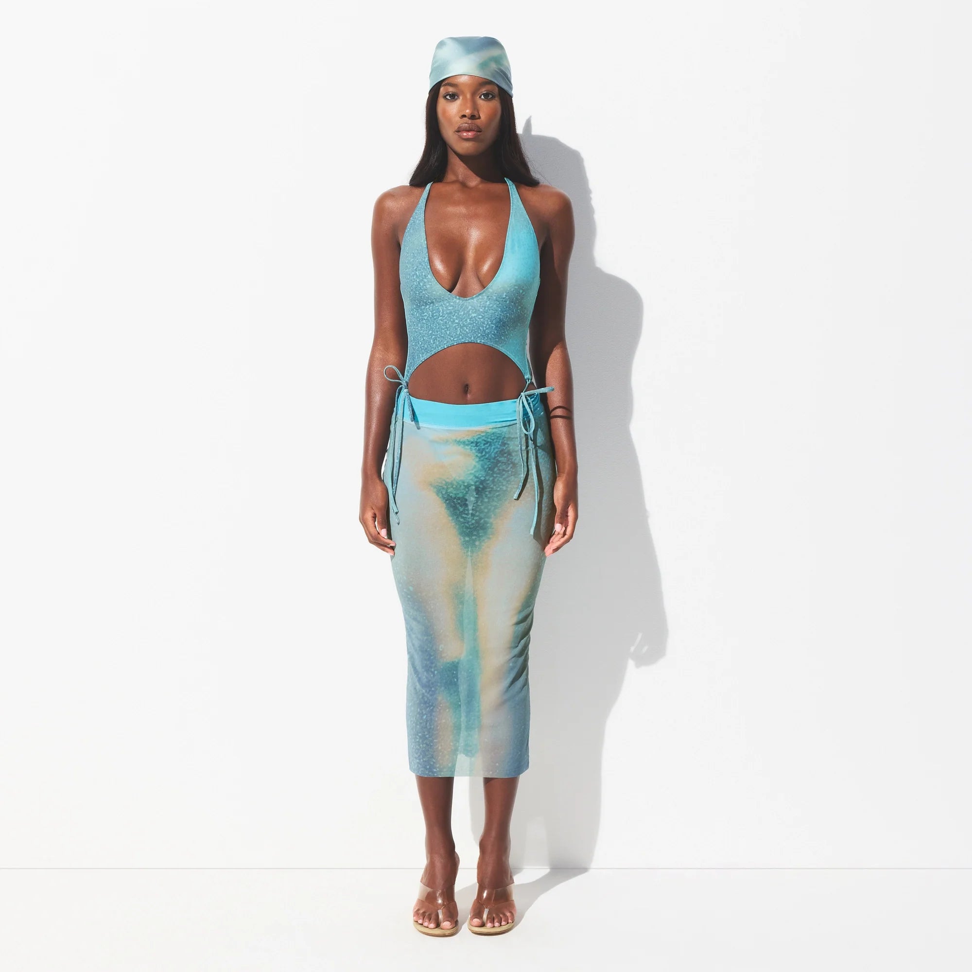 MESH COVER-UPS MIDI SKIRT | CYAN FK BODY PRINT ON A MODEL FRONT VIEW @ | FOCUS: 0.0, 1.0, 0.9 