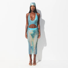 MESH COVER-UPS MIDI SKIRT | CYAN FK BODY PRINT ON A MODEL FRONT VIEW @ | FOCUS: 0.0, 1.0, 0.9 