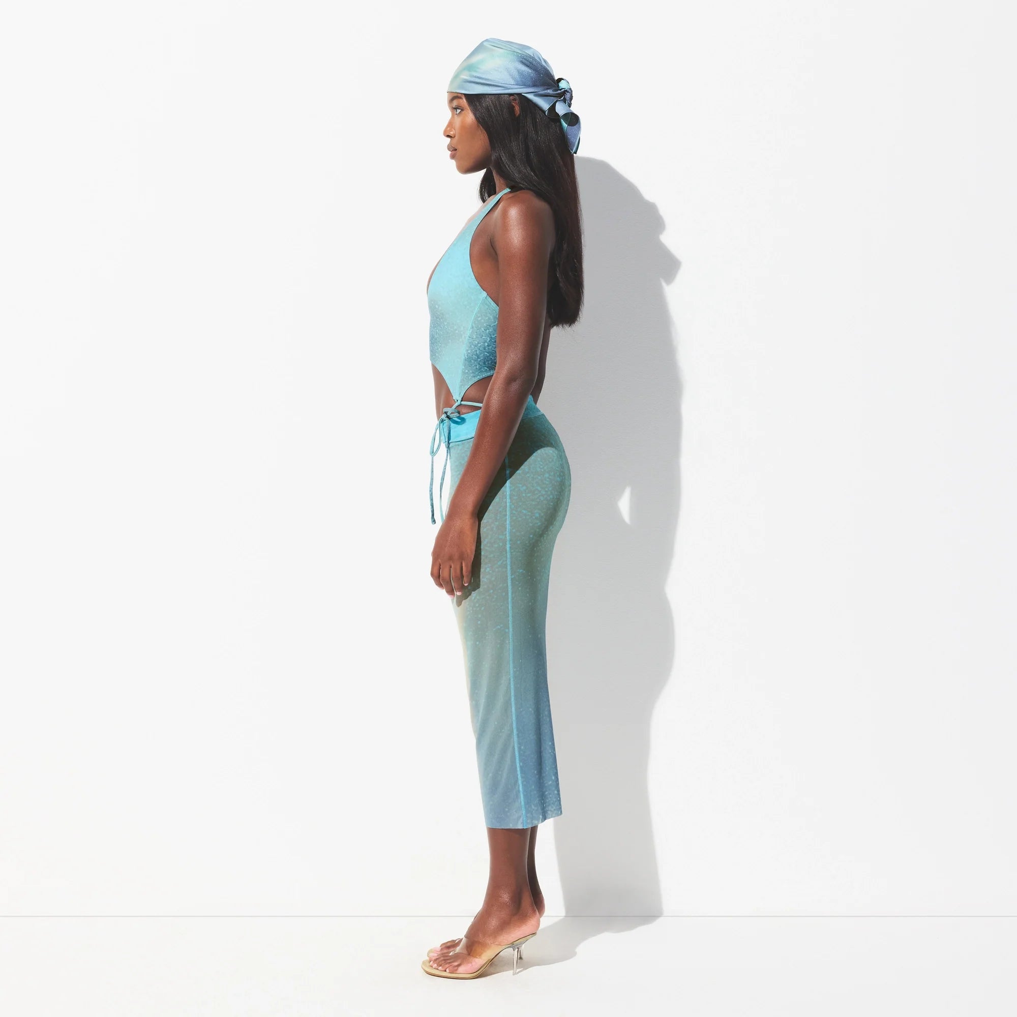 MESH COVER-UPS MIDI SKIRT | CYAN FK BODY PRINT ON A MODEL FRONT VIEW @ | FOCUS: 0.0, 1.0, 0.9 