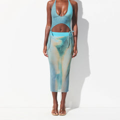 MESH COVER-UPS MIDI SKIRT | CYAN FK BODY PRINT ON A MODEL SIDE VIEW @ | FOCUS: 0.0, 1.0, 0.9 