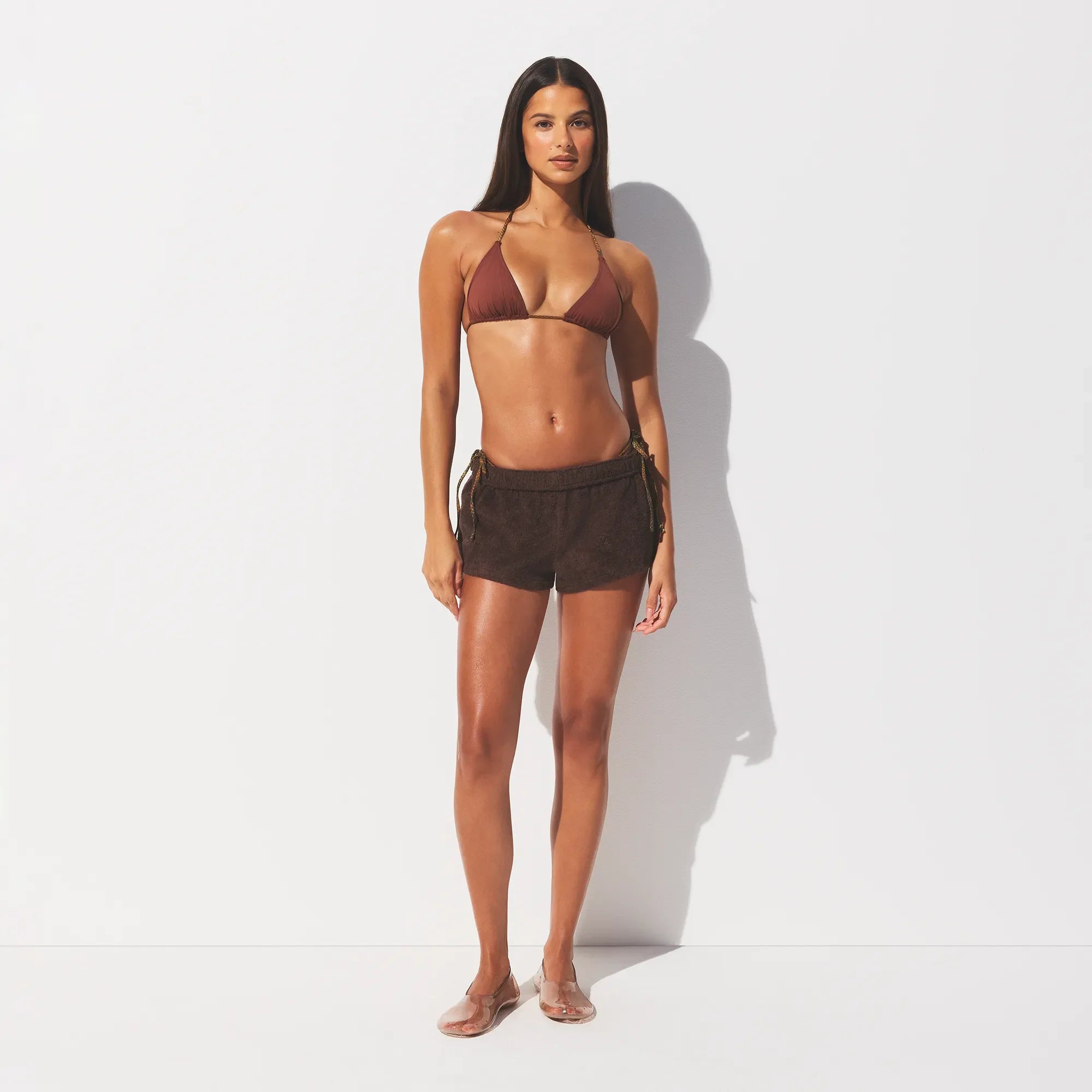 TERRY COVER-UPS FOLDOVER SHORT | DARK SEPIA ON A MODEL FRONT VIEW @ | FOCUS: 0.0, 1.0, 0.9