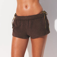 TERRY COVER-UPS FOLDOVER SHORT | DARK SEPIA ON A MODEL FRONT VIEW @ | FOCUS: 0.0, 1.0, 0.9 