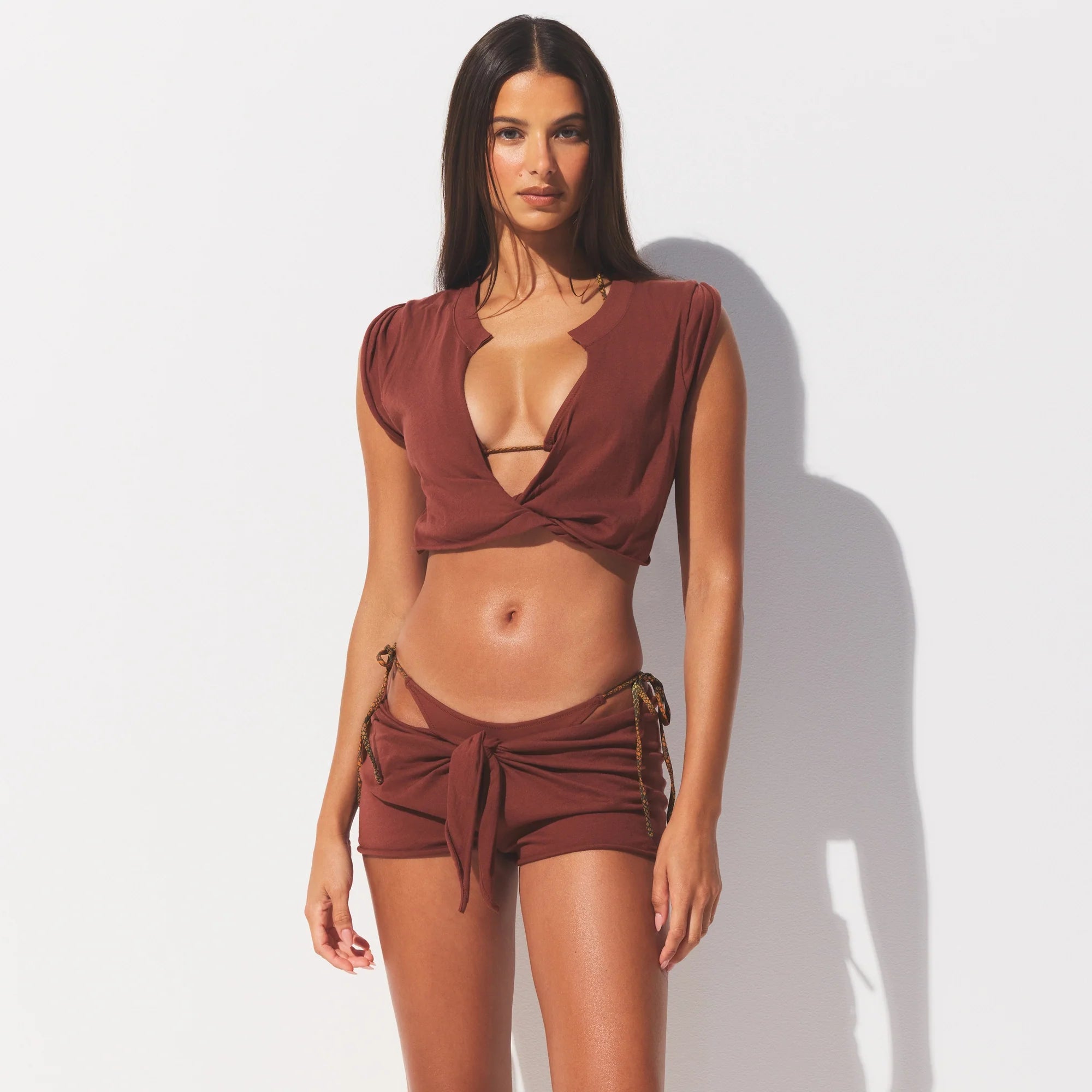 COTTON JERSEY COVER-UPS SHORT | HENNA ON A MODEL SIDE VIEW @ | FOCUS: 0.0, 1.0, 0.9 
