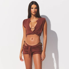 COTTON JERSEY COVER-UPS SHORT | HENNA ON A MODEL SIDE VIEW @ | FOCUS: 0.0, 1.0, 0.9 