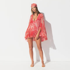SHEER COVER-UPS SHORT KAFTAN | CARMINE ZEBRA PRINT ON A MODEL FRONT VIEW @ | FOCUS: 0.0, 1.0, 0.9 