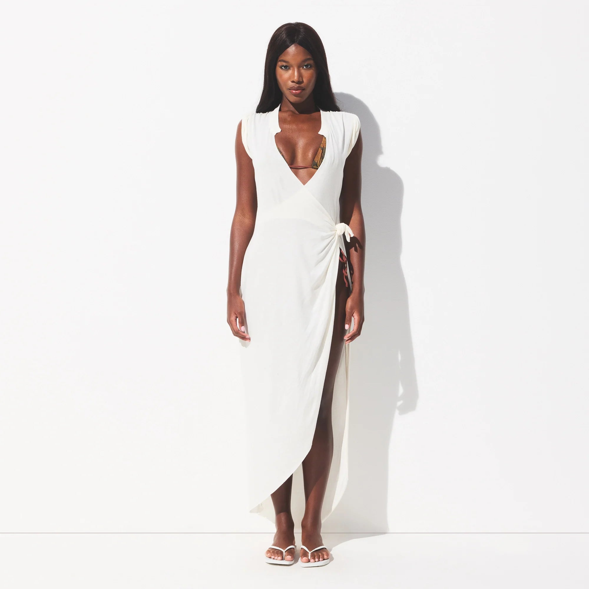 COTTON JERSEY COVER-UPS TIE DRESS | EGRET ON A MODEL FRONT VIEW @ | FOCUS: 0.0, 1.0, 0.9 