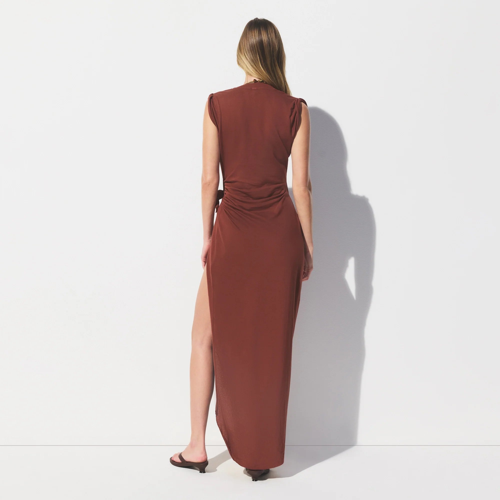 COTTON JERSEY COVER-UPS TIE DRESS | HENNA ON A MODEL FRONT VIEW @ | FOCUS: 0.0, 1.0, 0.9 