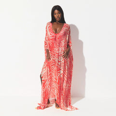 SHEER COVER-UPS LONG KAFTAN | CARMINE ZEBRA PRINT ON A MODEL FRONT VIEW @ | FOCUS: 0.0, 1.0, 0.9 
