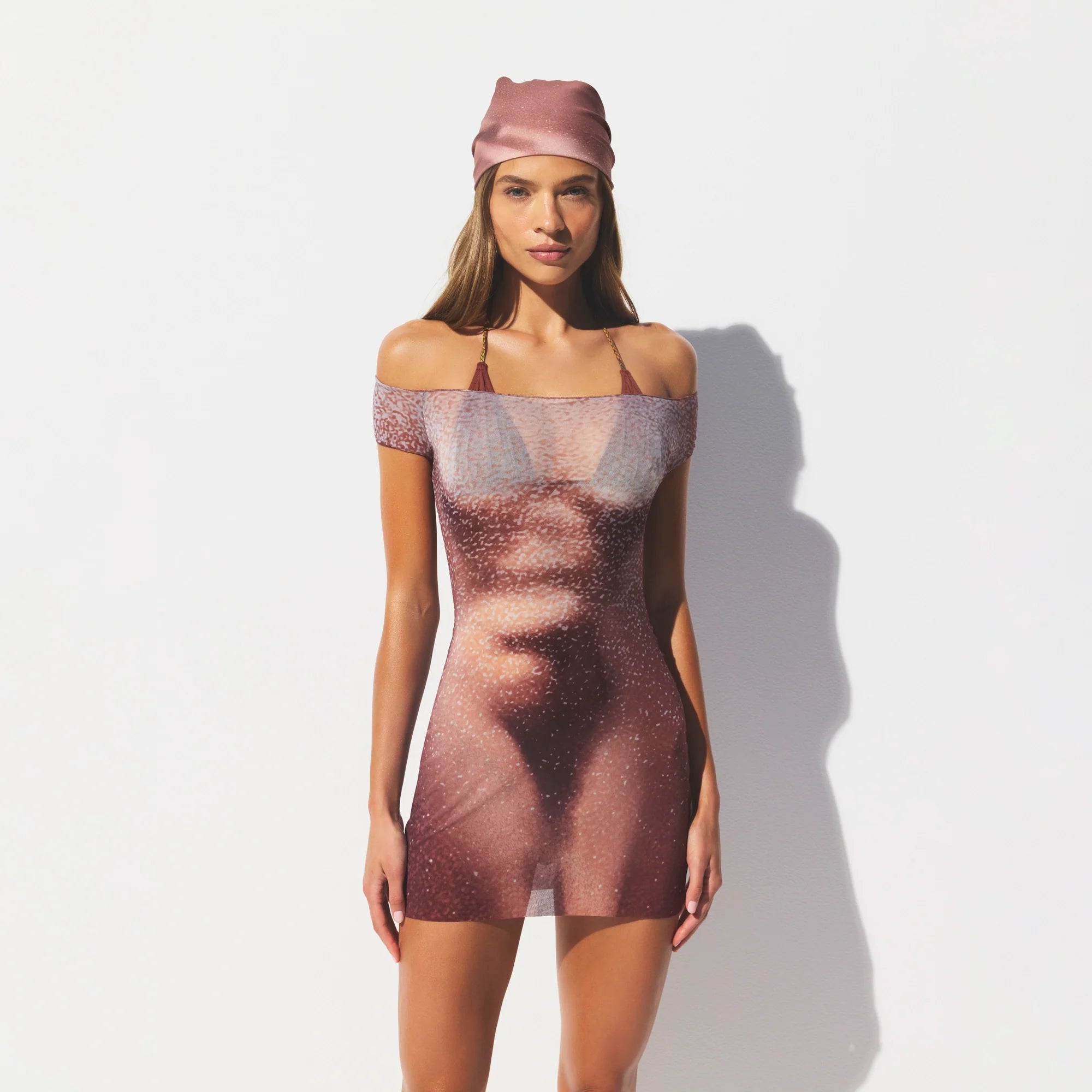 MESH COVER-UPS MINI DRESS | HENNA FK BODY PRINT ON A MODEL FRONT VIEW @ | FOCUS: 0.0, 1.0, 0.9