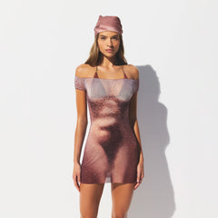 MESH COVER-UPS MINI DRESS | HENNA FK BODY PRINT ON A MODEL FRONT VIEW @ | FOCUS: 0.0, 1.0, 0.9