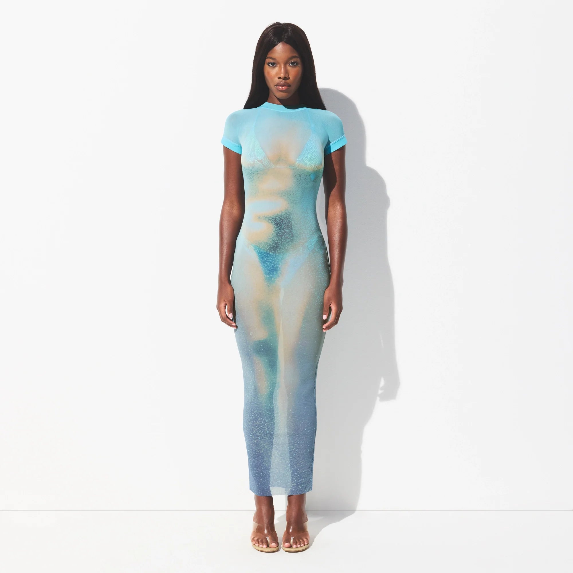 MESH COVER-UPS LONG DRESS | CYAN FK BODY PRINT ON A MODEL FRONT VIEW @ | FOCUS: 0.0, 1.0, 0.9 