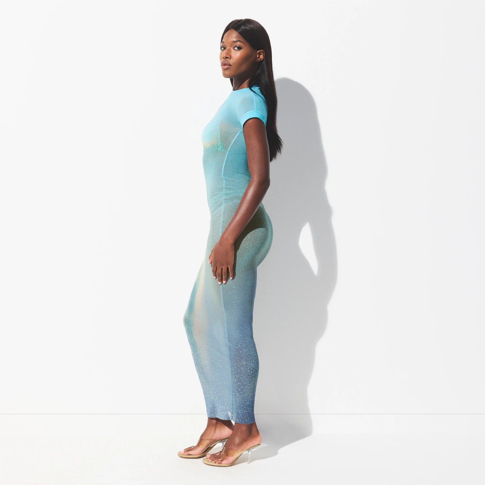MESH COVER-UPS LONG DRESS | CYAN FK BODY PRINT ON A MODEL FRONT VIEW @ | FOCUS: 0.0, 1.0, 0.9 