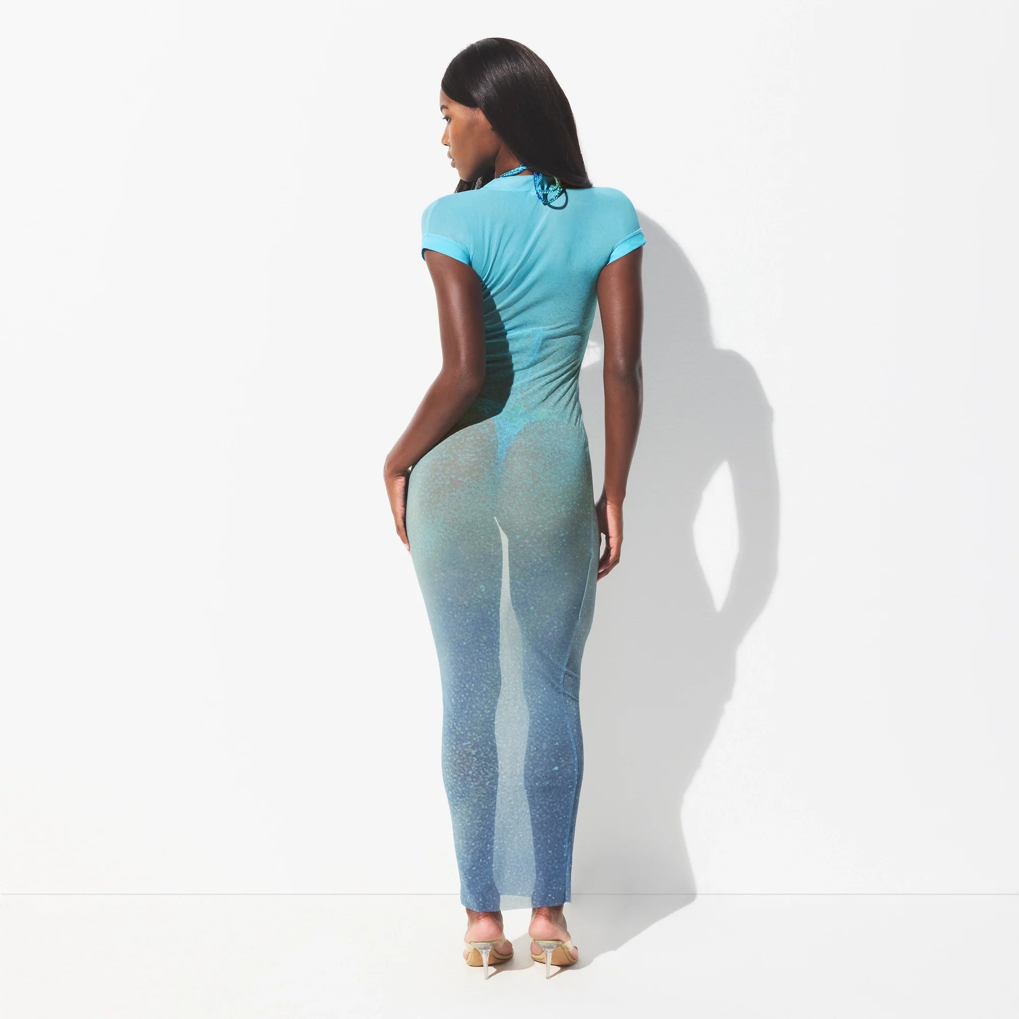 MESH COVER-UPS LONG DRESS | CYAN FK BODY PRINT ON A MODEL FRONT VIEW @ | FOCUS: 0.0, 1.0, 0.9 