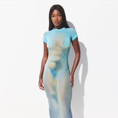 MESH COVER-UPS LONG DRESS | CYAN FK BODY PRINT ON A MODEL SIDE VIEW @ | FOCUS: 0.0, 1.0, 0.9 