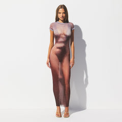 MESH COVER-UPS LONG DRESS | HENNA FK BODY PRINT ON A MODEL FRONT VIEW @ | FOCUS: 0.0, 1.0, 0.9 