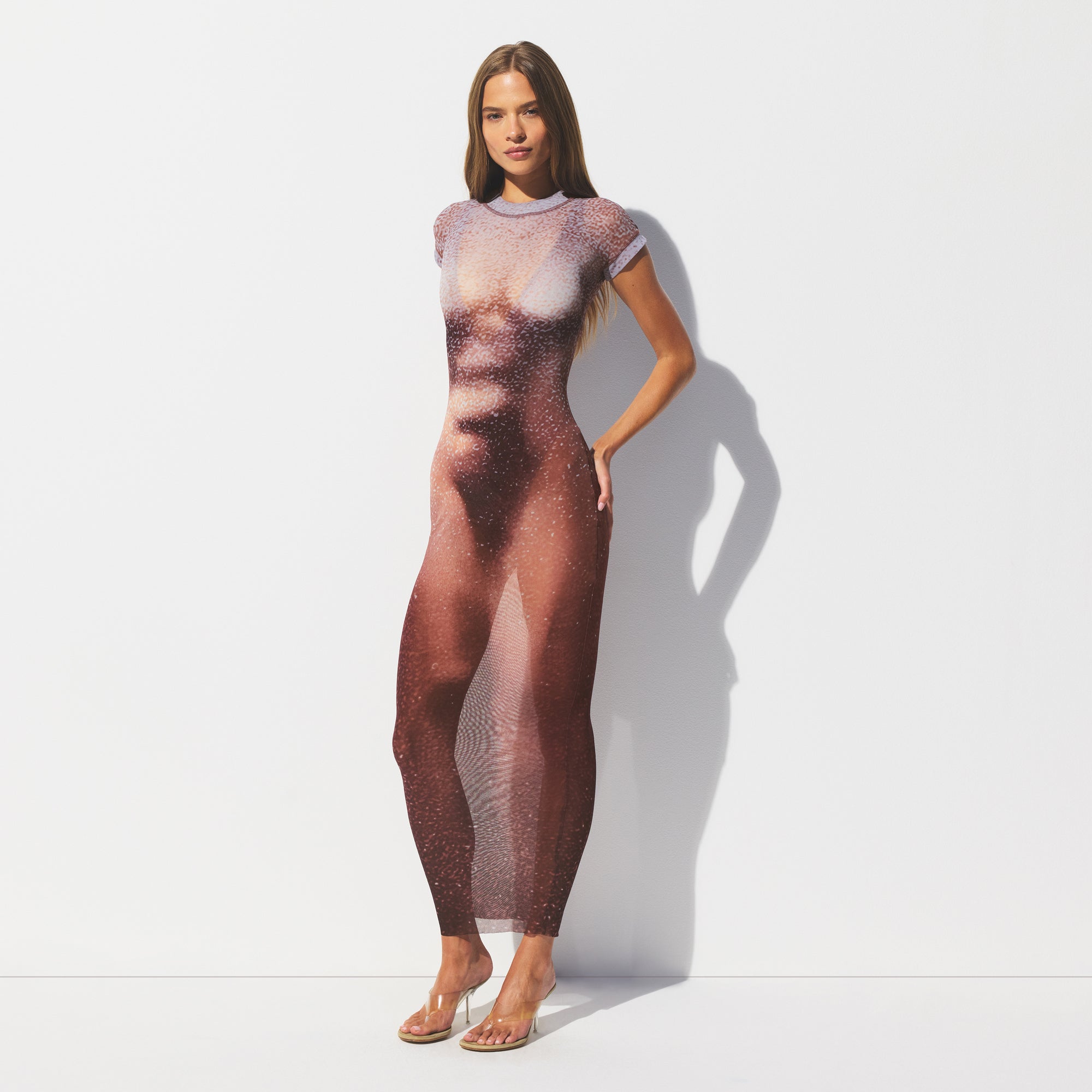 MESH COVER-UPS LONG DRESS | HENNA FK BODY PRINT ON A MODEL FRONT VIEW @ | FOCUS: 0.0, 1.0, 0.9 