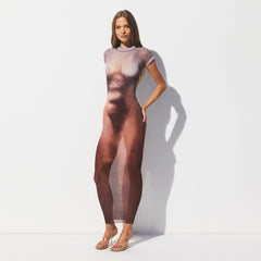 MESH COVER-UPS LONG DRESS | HENNA FK BODY PRINT ON A MODEL FRONT VIEW @ | FOCUS: 0.0, 1.0, 0.9 