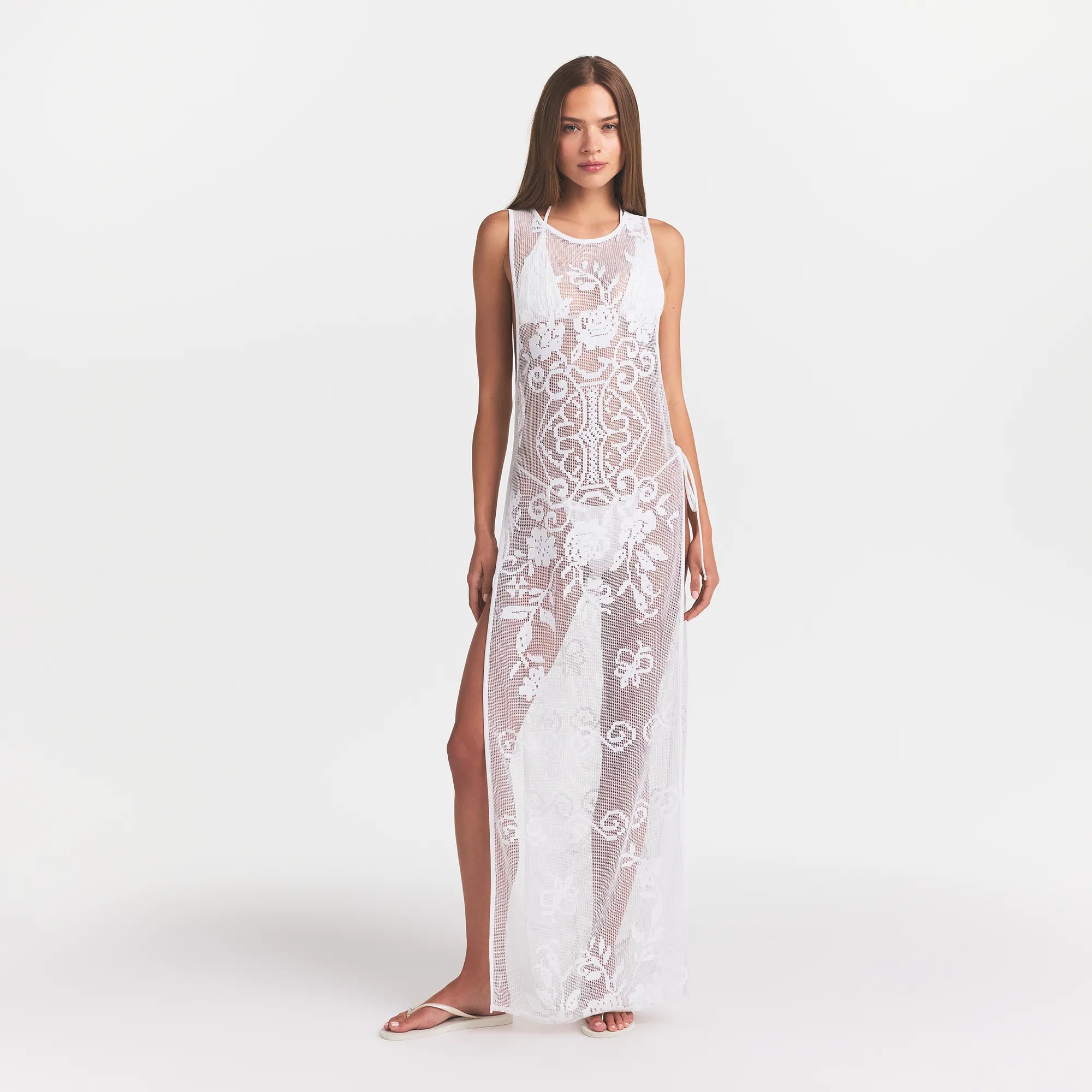 LACE COVER-UPS LONG DRESS | SNOW ON A MODEL FRONT VIEW @ | FOCUS: 0.0, 1.0, 0.9 