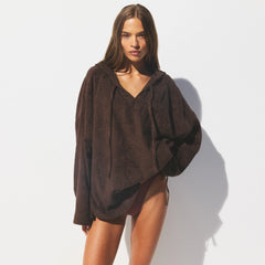 TERRY COVER-UPS OVERSIZED HOODIE | DARK SEPIA ON A MODEL SIDE VIEW @ | FOCUS: 0.0, 1.0, 0.9 