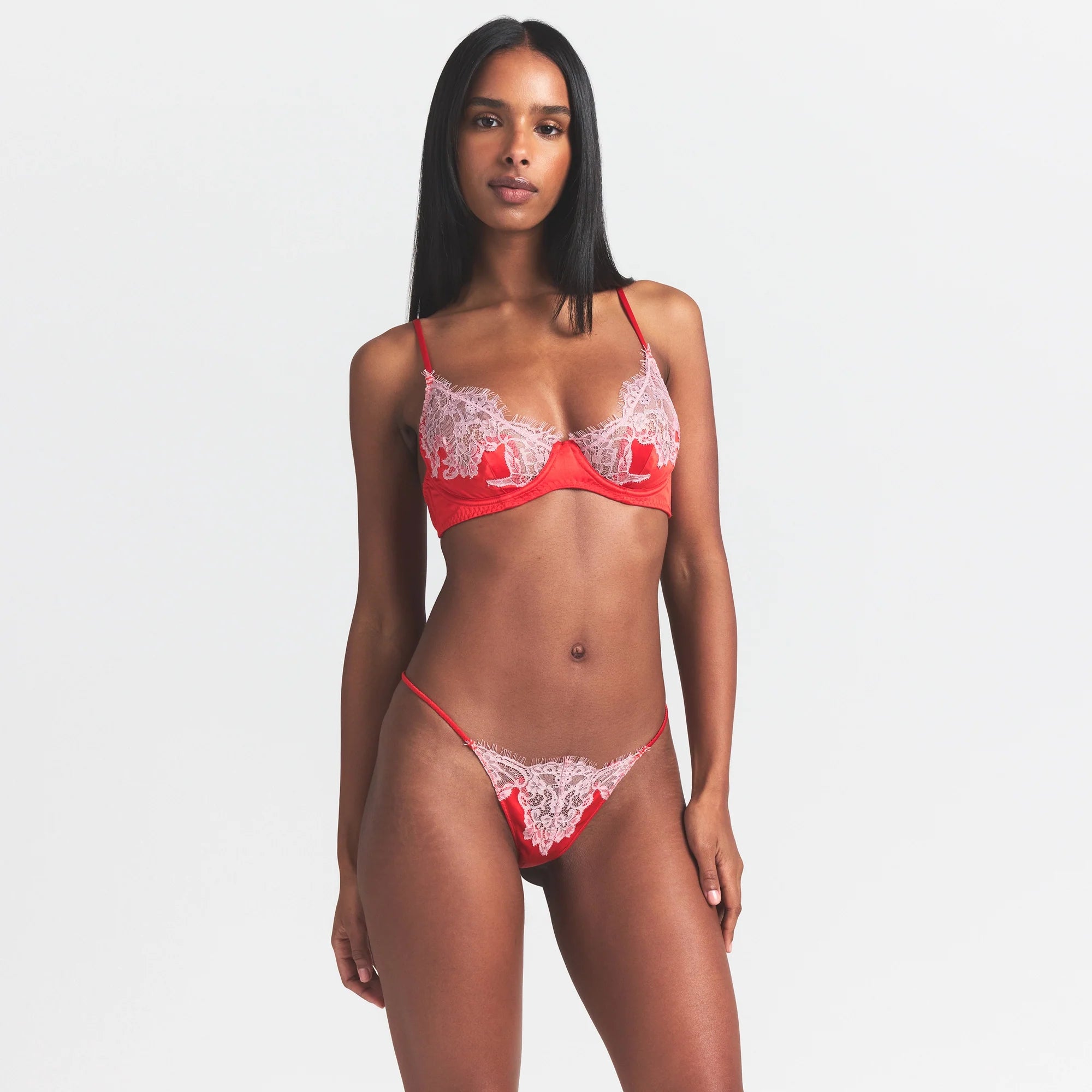 SILK LACE UNLINED DEMI BRA | RUBY CONTRAST ON A MODEL SIDE VIEW @ | FOCUS: 0.0, 1.0, 0.9