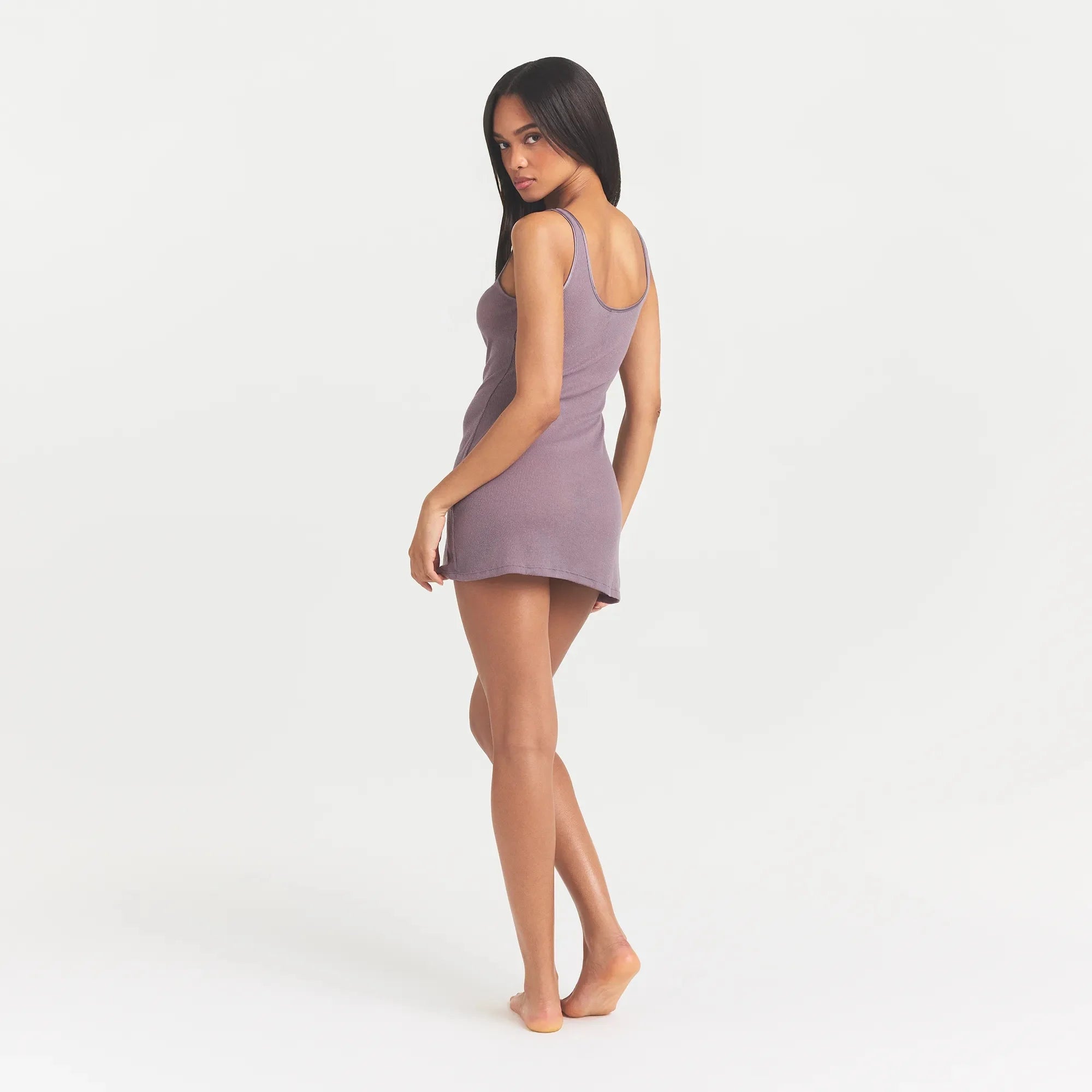 SHEER RIB MINI SLIP DRESS | ZINC ON A MODEL SIDE VIEW @ | FOCUS: 0.0, 1.0, 0.9