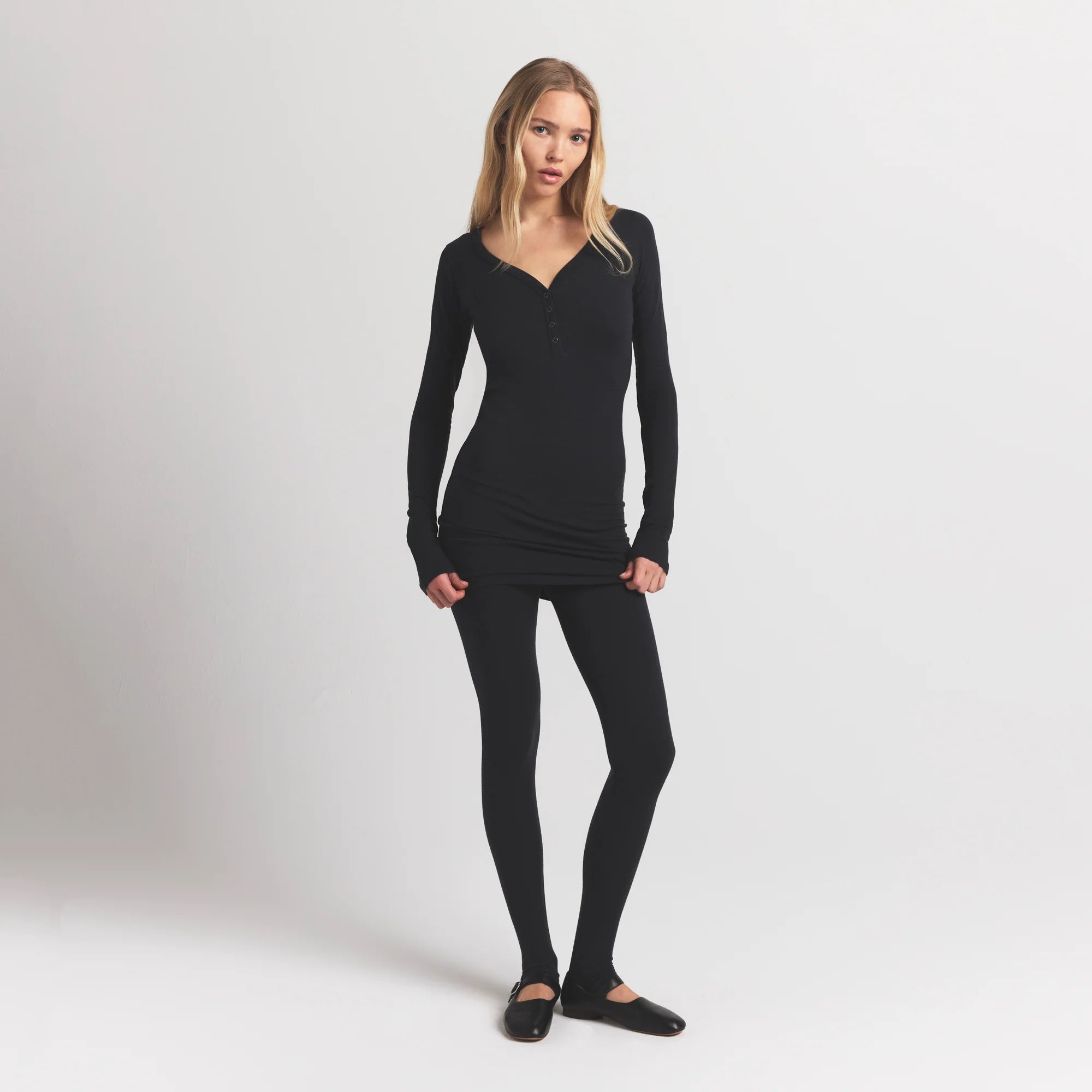 WOOL RIB HENLEY DRESS | OBSIDIAN ON A MODEL FRONT VIEW S | FOCUS: 0.0, 1.0, 0.9