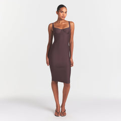 SKIMS BODY MIDI DRESS | RAISIN ON A MODEL FRONT VIEW @