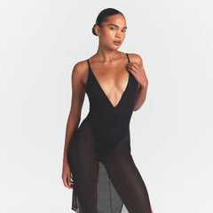 SKIMS BODY MESH PLUNGE MIDI DRESS | ONYX ON A MODEL SIDE VIEW @