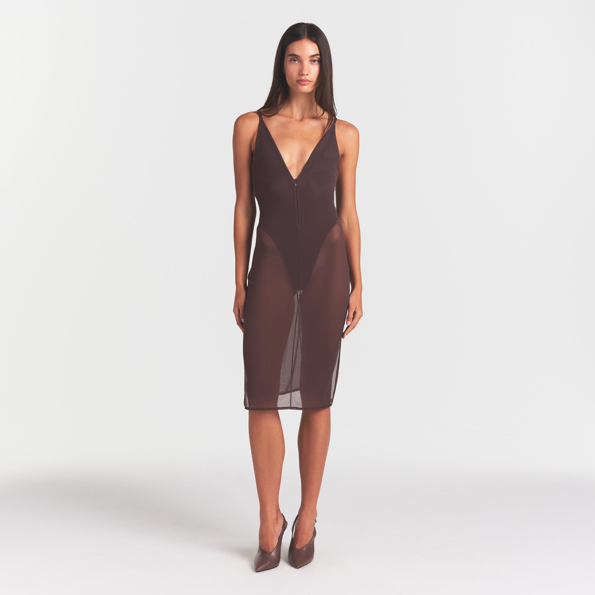SKIMS BODY MESH PLUNGE MIDI DRESS | RAISIN ON A MODEL FRONT VIEW @