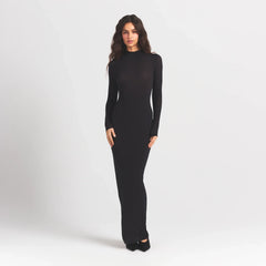 MILKY SHEER MOCK NECK LONG SLEEVE LONG DRESS | OBSIDIAN ON A MODEL FRONT VIEW @ | FOCUS: 0.0, 1.0, 0.9