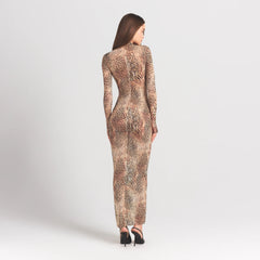 MILKY SHEER MOCK NECK LONG SLEEVE LONG DRESS | SAND MULTI ANIMAL ON A MODEL SIDE VIEW @ | FOCUS: 0.0, 1.0, 0.9