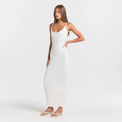 SMOOTH LAYERS SCOOP NECK LONG DRESS | EGRET ON A MODEL FRONT VIEW @ | FOCUS: 0.0, 1.0, 0.9